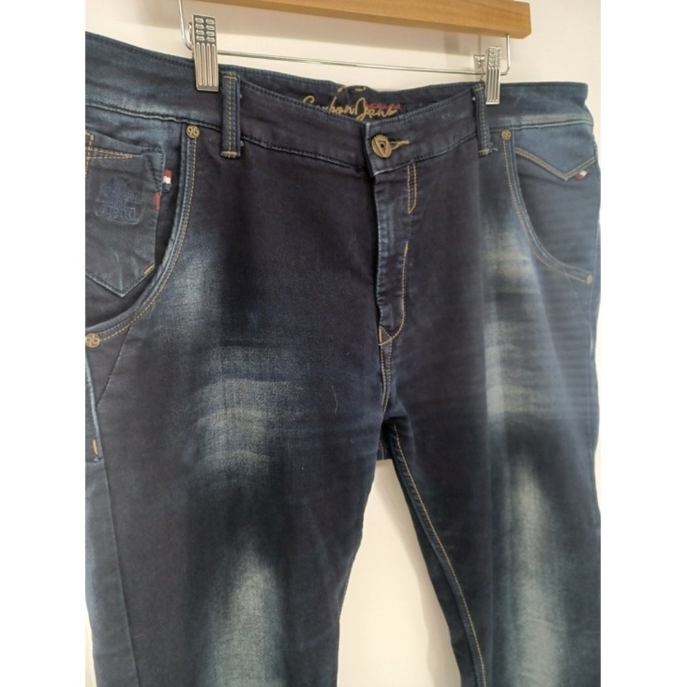 Carbon Slim Fit Jeans Men 40 Low Wasit Dark Wash Blue Whiskered Faded Distressed - Picture 4 of 15